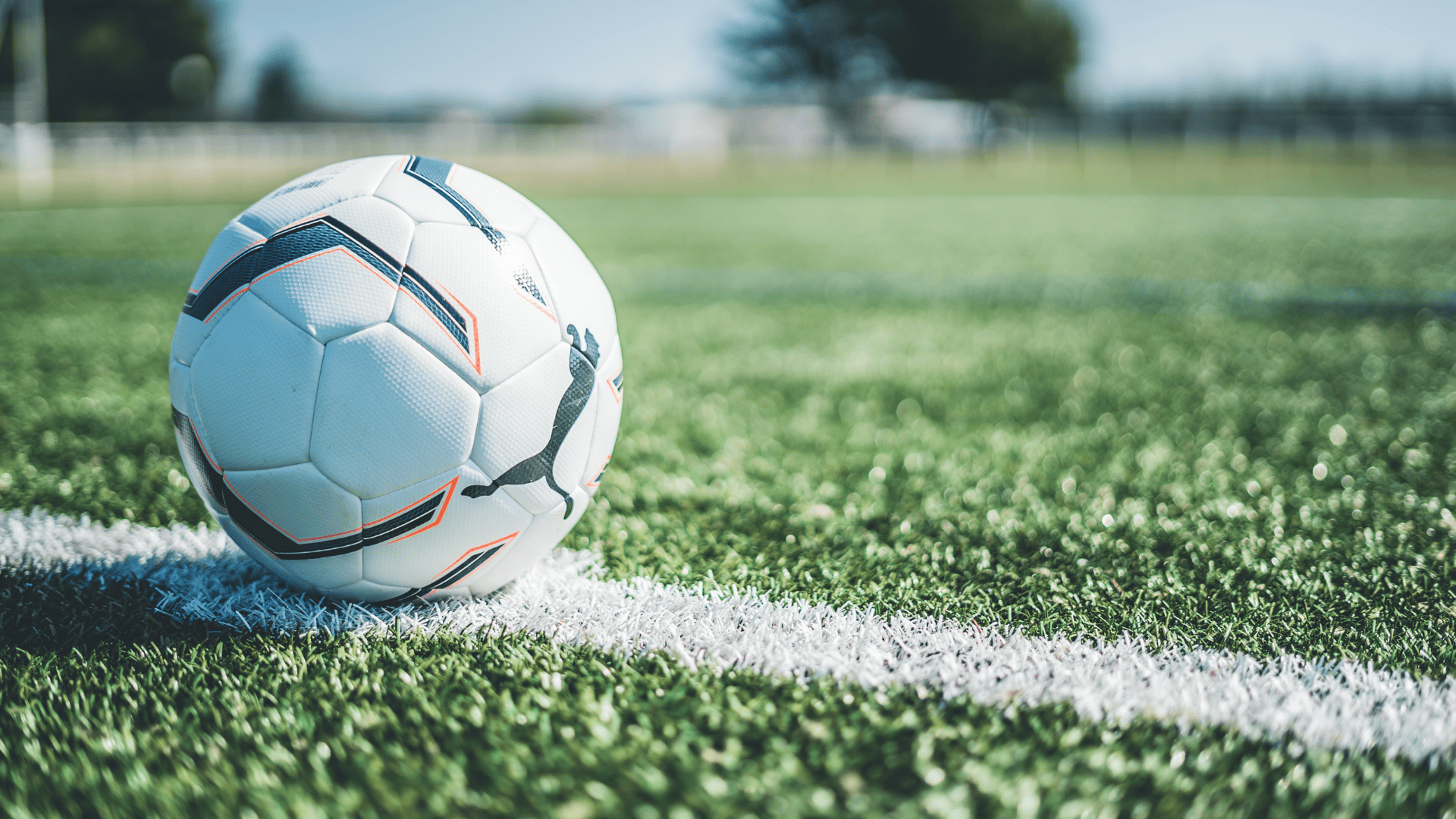 Soccer ball on artificial grass field near the white line