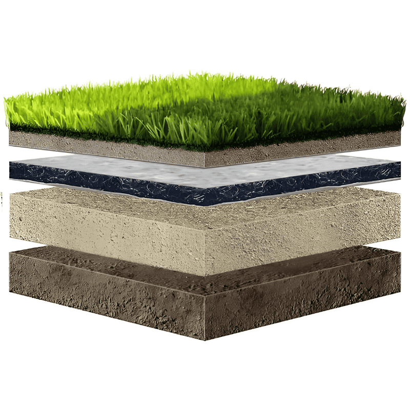 cross section of artificial turf layers including synthetic grass infill shock absorption base and foundation