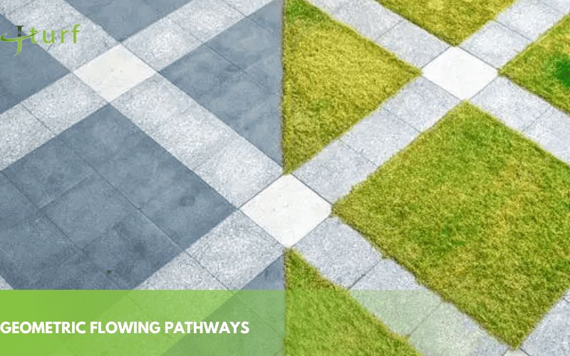 Más de 30 ideas de césped artificial y pavimentación para elevar cualquier espacio exterior en 2025 1 geometric flowing pathways with turf gray pavers andI green grass squares