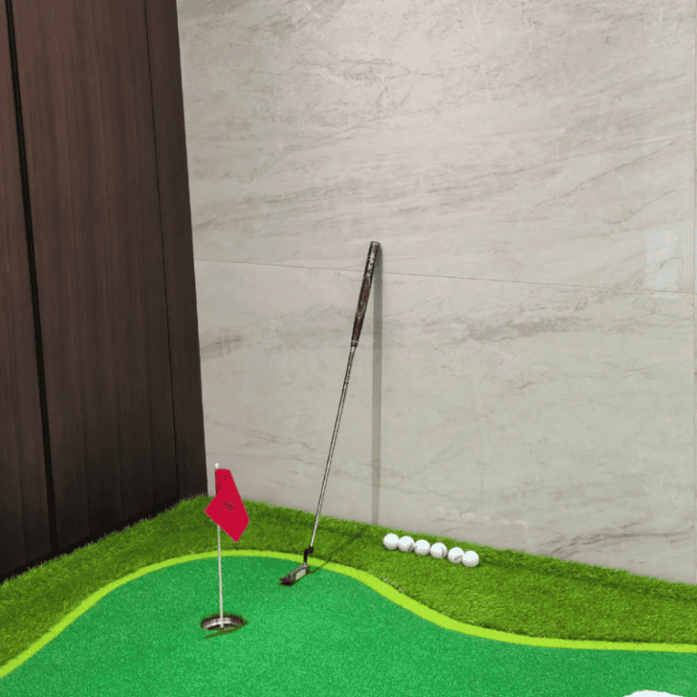 Indoor 3 indoor golf putting green with red flag golf club and golf balls on synthetic grass for home practice