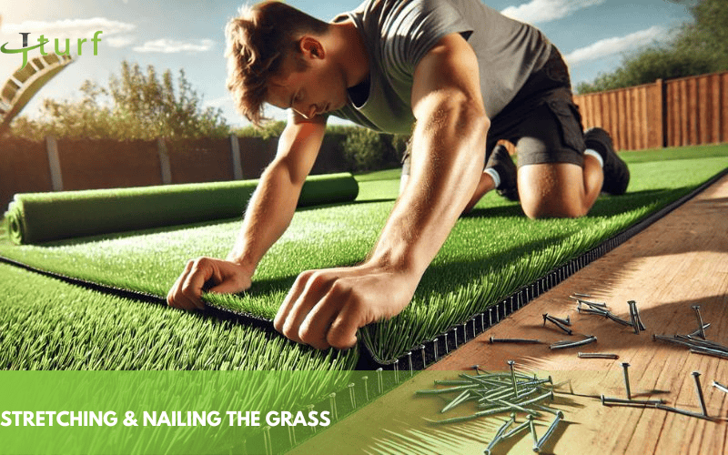 Guía paso a paso para instalar césped artificial 7 stretching and nailing the grass 1