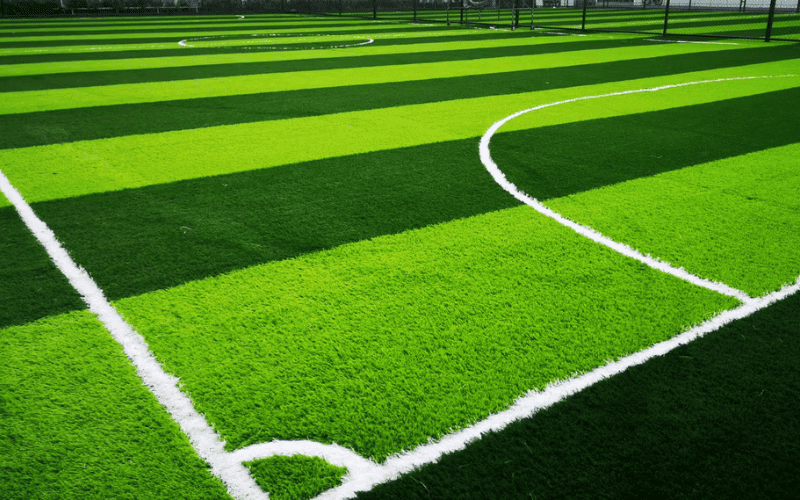 Football 7 striped artificial turf football field with white marking