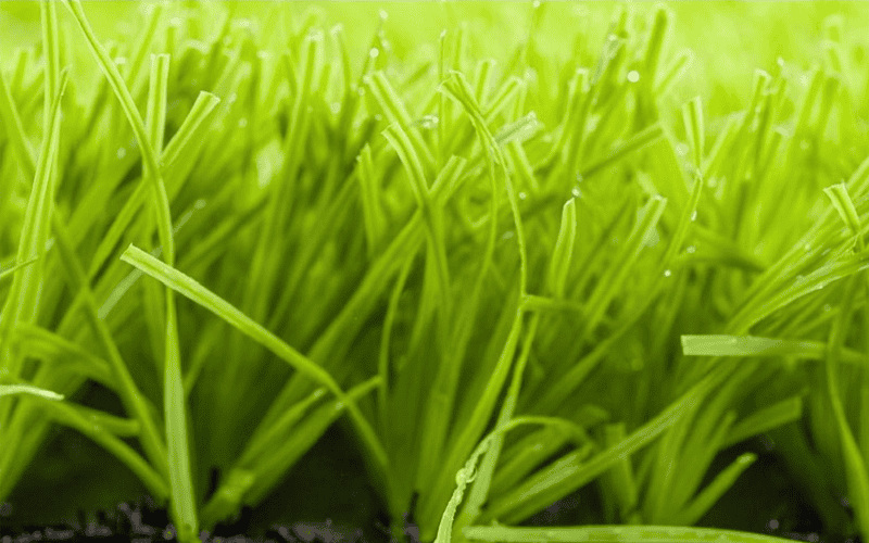 Somos líderes mundiales en soluciones de césped artificial 51 Primer plano de hojas de césped artificial sostenible con gotas de rocío.
