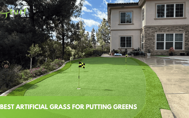 Cómo elegir el mejor césped artificial para cada uso 5 Putting green de césped artificial junto a una casa moderna con banderas