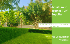 artificial grass used for landscaping with clean edges and surrounding greenery
