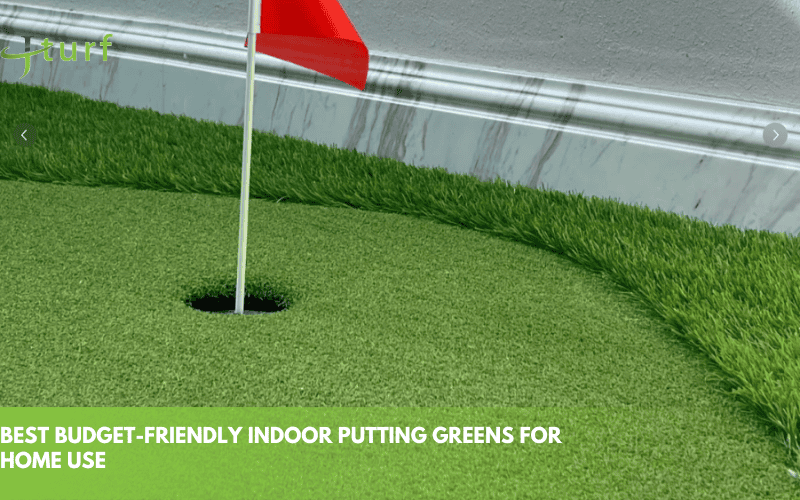 7 Best Indoor Putting Green Turf 2025 3 close up view of an indoor putting green with synthetic turf red flag and hole