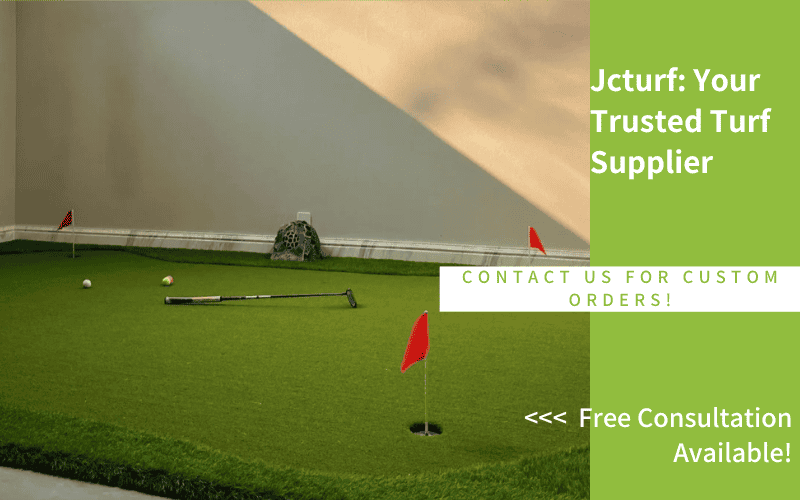 indoor putting green with synthetic turf and red flags, ideal for home practice