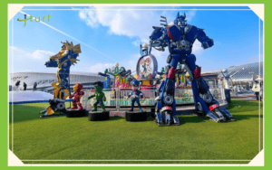 synthetic grass amusement park with superhero statues display