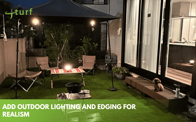 Backyard Landscape Design Ideas with Artificial Grass 12 Artificial lawn patio with outdoor lighting canopy and small dog sitting by window at night