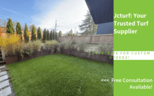 Artificial lawn with visible weed sprouts growing on the turf surface