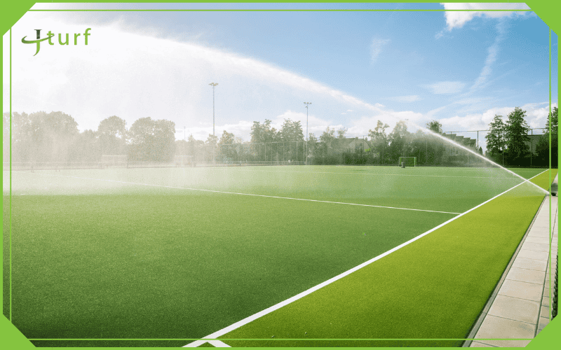 Campo de fútbol de césped artificial con un gran sistema de riego en un entorno soleado al aire libre.