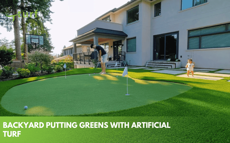 Backyard Landscape Design Ideas with Artificial Grass 5 Backyard putting green made with synthetic turf featuring a man and child near golf flags