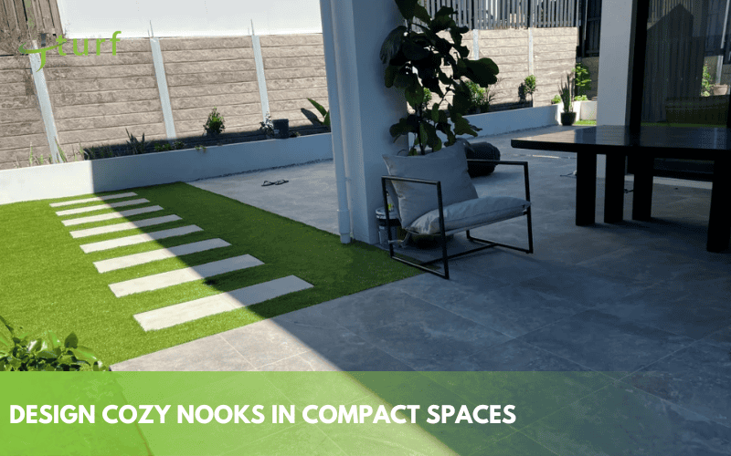 Backyard Landscape Design Ideas with Artificial Grass 9 Compact patio corner with synthetic turf and stepping stones beside modern outdoor seating