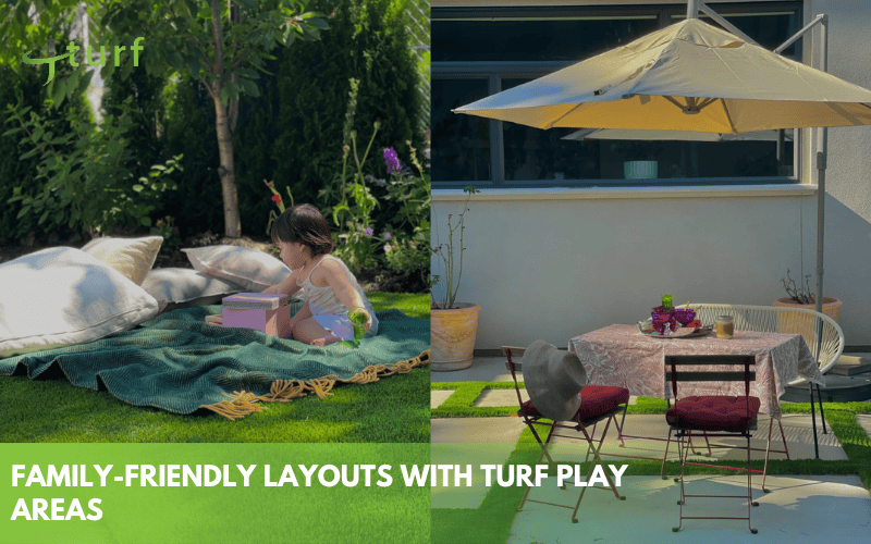 Backyard Landscape Design Ideas with Artificial Grass 3 Family friendly synthetic grass areas with child playing and shaded seating for outdoor activities