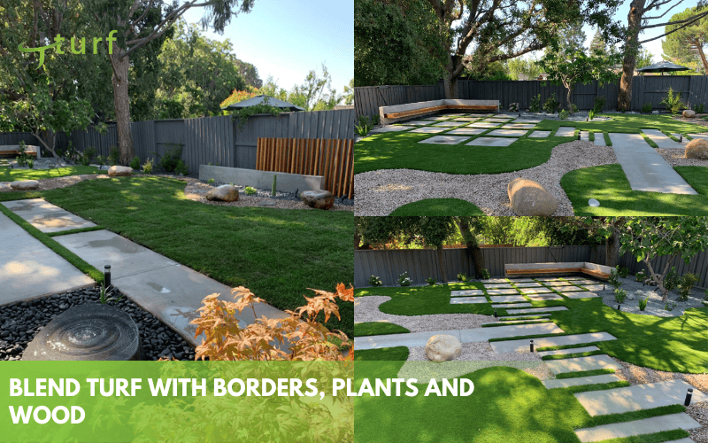 Backyard Landscape Design Ideas with Artificial Grass 11 Landscape layout combining realistic turf with gravel pavers plants and wooden fencing