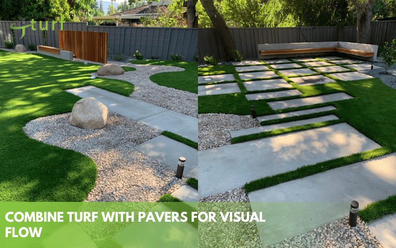 Backyard Landscape Design Ideas with Artificial Grass 8 Landscaped backyard with fake grass and paver combination for visual flow and modern aesthetics