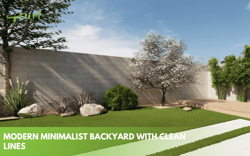 Backyard Landscape Design Ideas with Artificial Grass 1 Minimalist backyard with clean artificial lawn lines and flowering tree against concrete wall