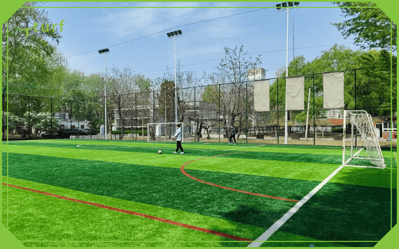 Outdoor football field covered with artificial turf and goal posts under netting 1
