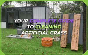 Outdoor setup with tools and debris on artificial grass surface before cleaning