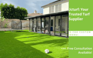 Residential backyard with artificial turf and children's toys on the lawn