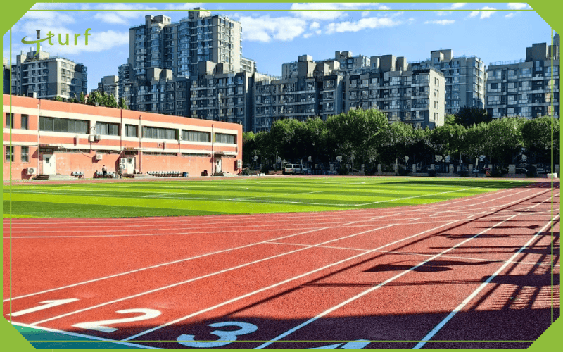 School athletic field with running track and artificial turf soccer pitch