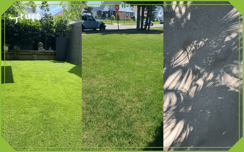 Side by side comparison of artificial turf natural grass and concrete surface under sunlight