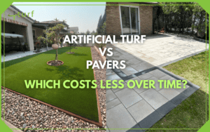 Side-by-side comparison of backyard with artificial grass versus concrete pavers