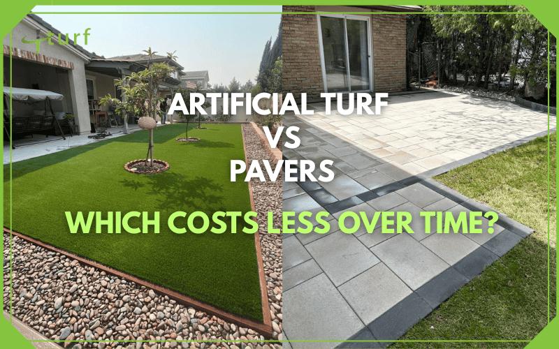 Side-by-side comparison of backyard with artificial grass versus concrete pavers