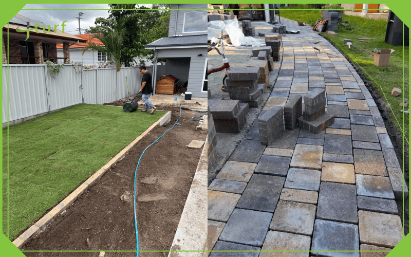 Side by side view of artificial grass and paver installation in residential outdoor spaces 1