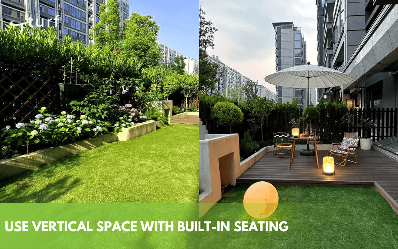 Backyard Landscape Design Ideas with Artificial Grass 7 Small garden areas with artificial grass and built in seating under umbrellas in residential