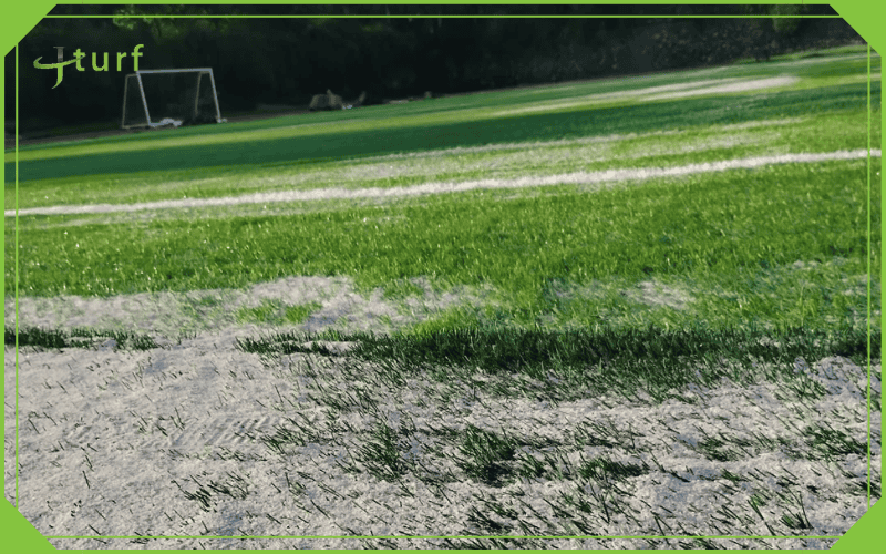 Sports field with artificial grass showing exposed turf sand infill and wear zones