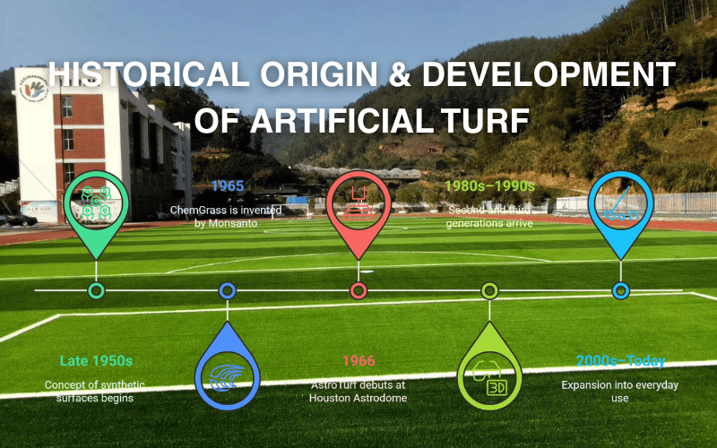Infografía cronológica sobre el desarrollo histórico del césped artificial desde la década de 1950 hasta la actualidad sobre un fondo de campo deportivo.