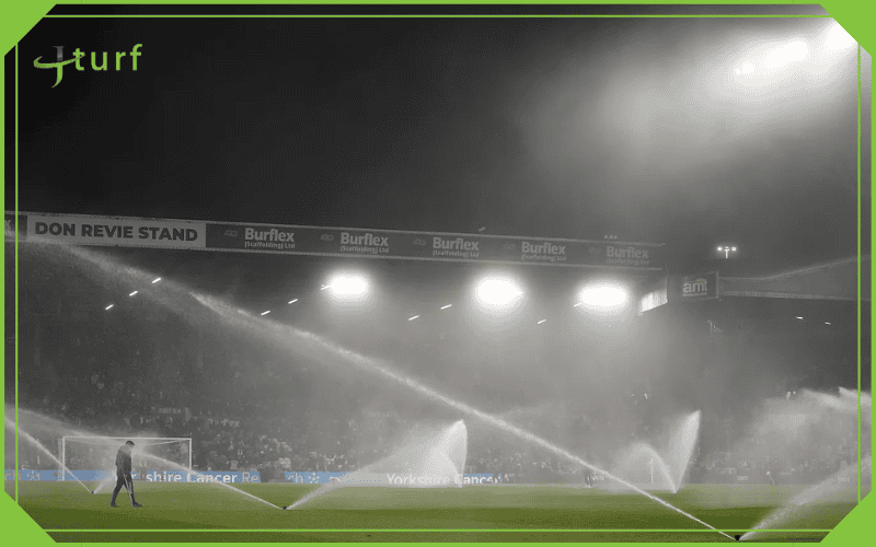 Campo de fútbol de césped que se riega antes del partido por la noche con luces de estadio y aspersores de agua.