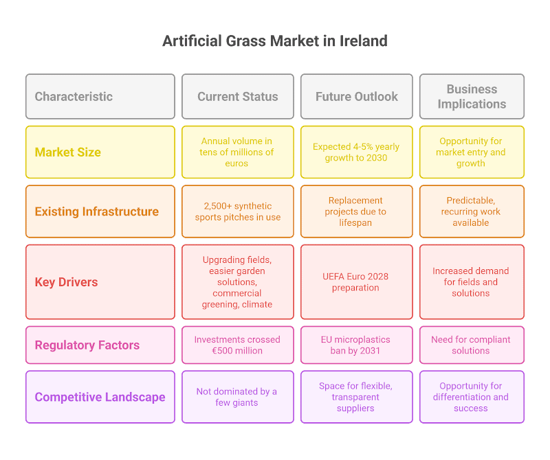 artificial grass market analysis table for ireland covering market size infrastructure drivers regulations and competition