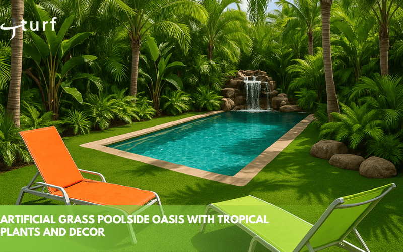 artificial grass poolside oasis with tropical plants and decor