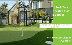 residential front yard turf putting green with mini golf flags and greenhouse
