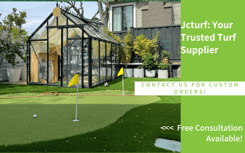 residential front yard turf putting green with mini golf flags and greenhouse