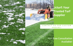 artificial turf field in winter with snow removal and low temperature durability
