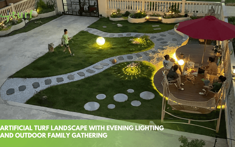 30 Creative Front Yard Turf Ideas: Low Maintenance & Budget-Friendly Designs 4 artificial turf landscape with evening lighting and outdoor family gathering