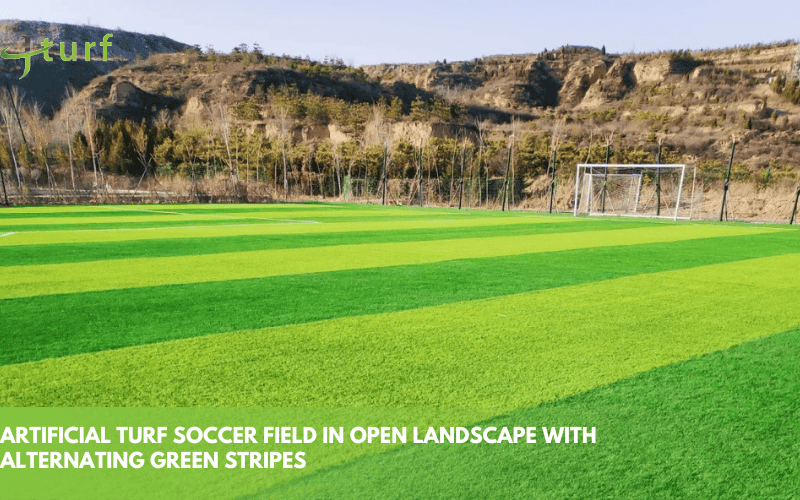 artificial turf soccer field in open landscape with alternating green stripes