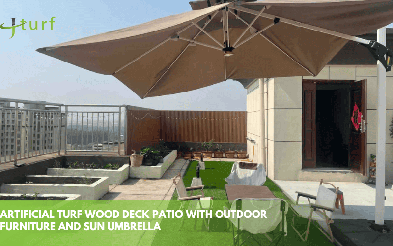 artificial turf wood deck patio with outdoor furniture and sun umbrella