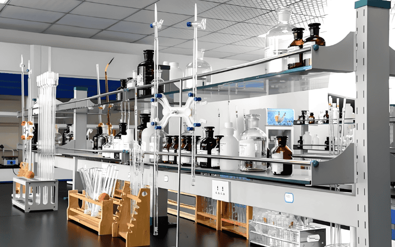 Somos líderes mundiales en soluciones de césped artificial 48 Laboratorio químico con cristalería y reactivos para ensayos de materiales de césped artificial.