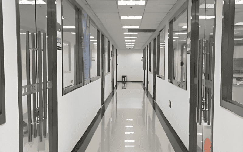 Somos líderes mundiales en soluciones de césped artificial 49 Pasillo en el edificio de laboratorio de I+D y pruebas de césped artificial