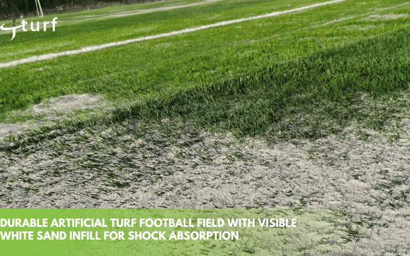 durable artificial turf football field with visible white sand infill for shock absorption