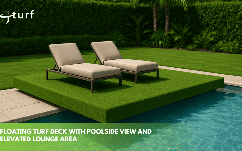 floating turf deck with poolside view and elevated lounge area