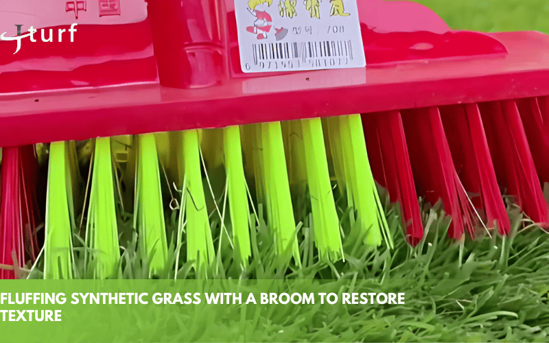 fluffing synthetic grass with a broom to restore