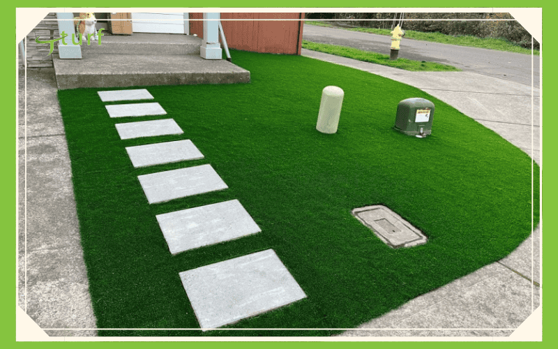 front yard artificial turf with stepping stones and utility covers