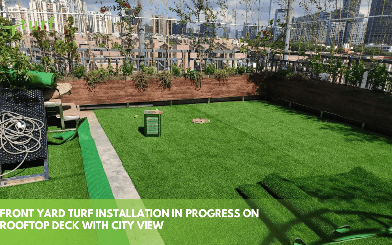 30 Creative Front Yard Turf Ideas: Low Maintenance & Budget-Friendly Designs 3 front yard turf installation in progress on rooftop deck with city view
