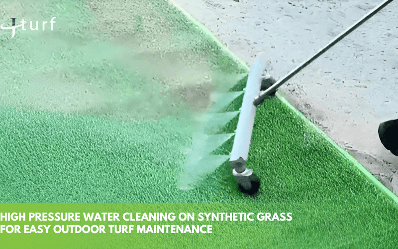high pressure water cleaning on synthetic grass for easy outdoor turf maintenance