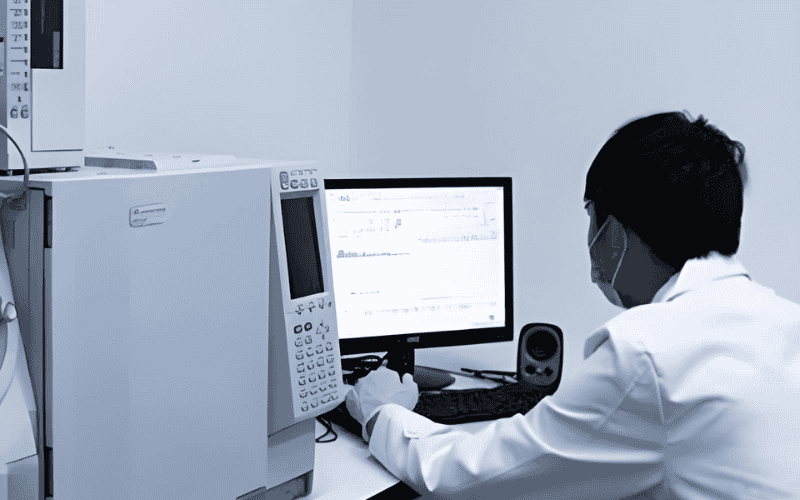 Somos líderes mundiales en soluciones de césped artificial 50 Técnico de laboratorio analizando materiales de césped artificial con equipo de prueba.